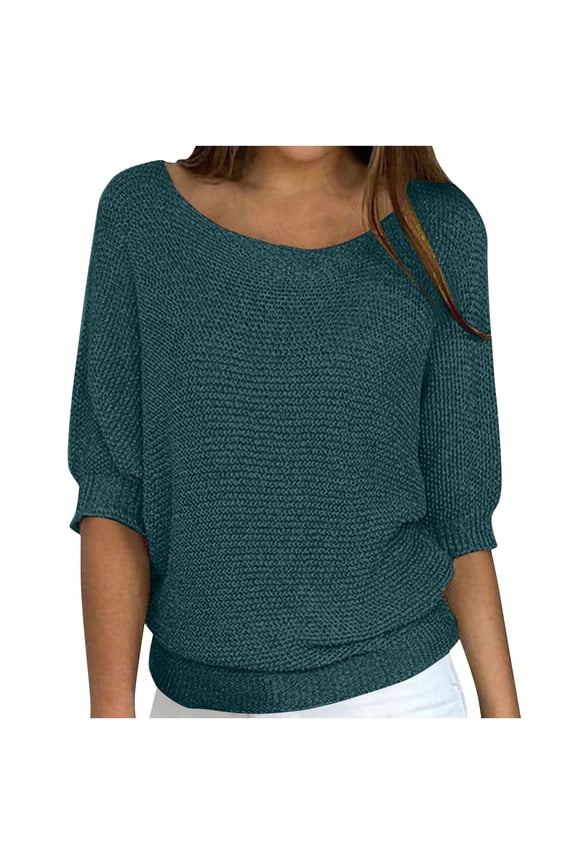 Womens Lightweight Sweater Casual Half Sleeve Pullover Tops Round Neck Shirts Ribbed Knit Blouse Loose Fit Tunics