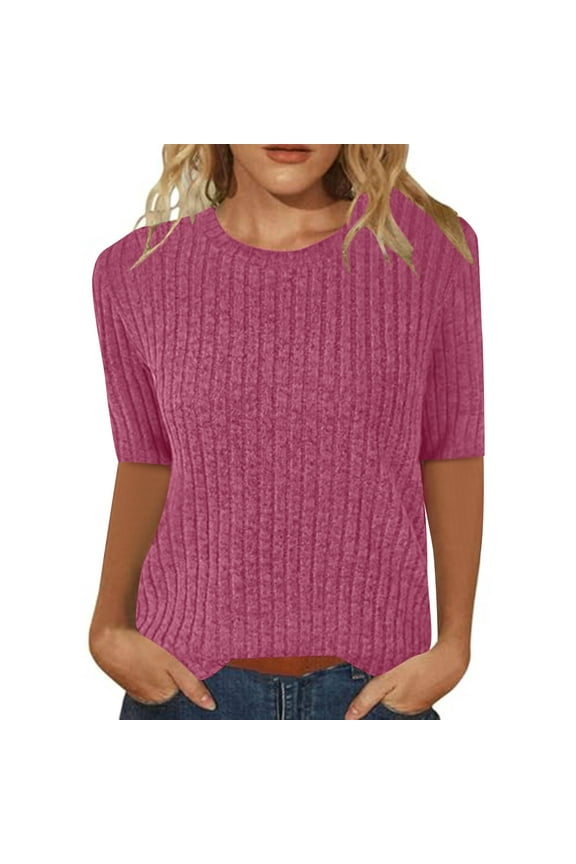 Womens Tops 3/4 Sleeve Shirts Round Neck Loose Casual Blouses Solid Color Tshirts Blouses Women