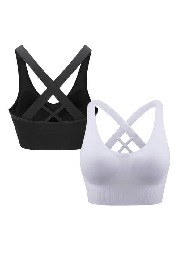 2 Pack Sport Bras for Women Crossback Padded Seamless Athletic Yoga Activewear Black/White L