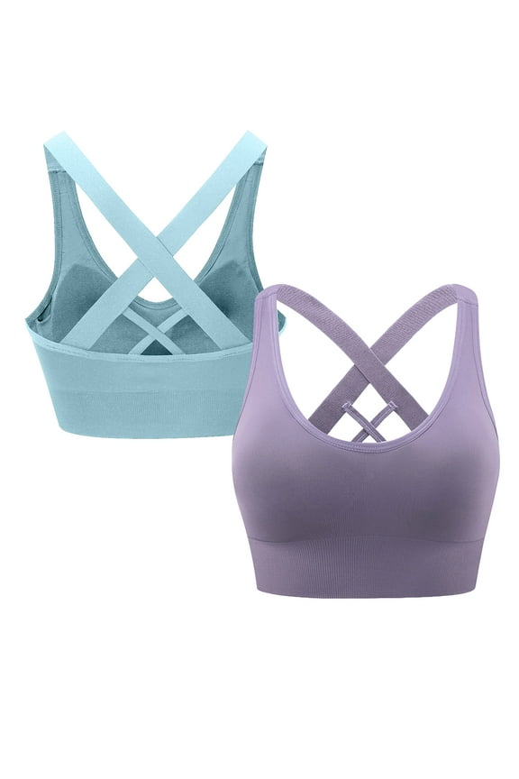 2 Pack Sport Bras for Women Crossback Padded Seamless Athletic Yoga Activewear Blue/Purple 2XL