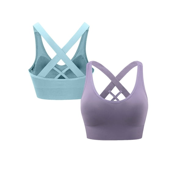 Hanerdun 2 Pack Sport Bras for Women Crossback Padded Seamless Athletic Yoga Activewear Blue/Purple M