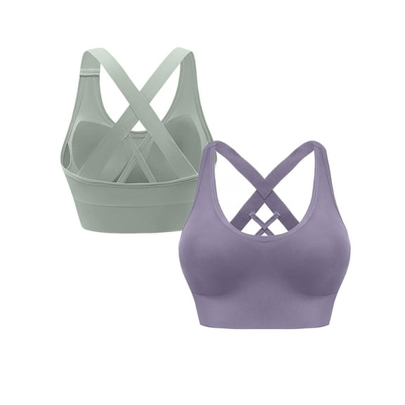 Hanerdun 2 Pack Sport Bras for Women Crossback Padded Seamless Athletic Yoga Activewear Purple/Green M