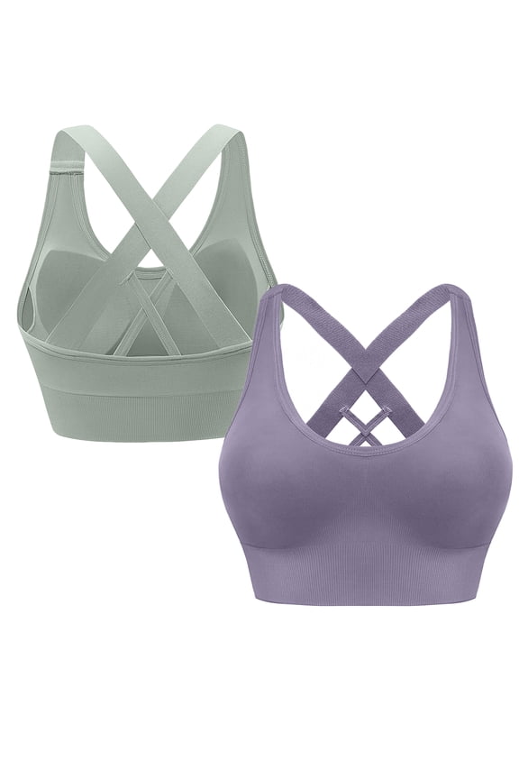 2 Pack Sport Bras for Women Crossback Padded Seamless Athletic Yoga Activewear Purple/Green M
