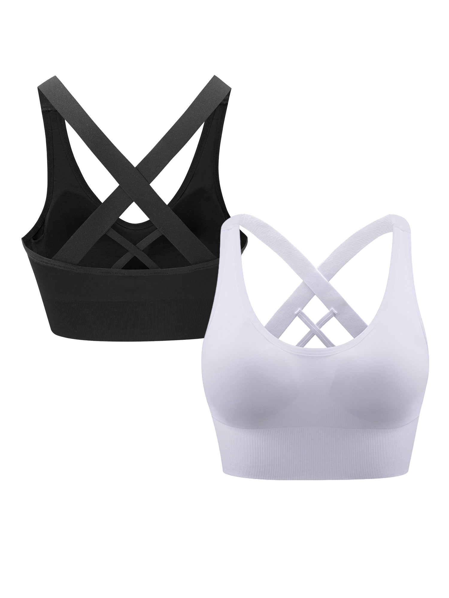 Hanerdun Comfy 2 Pack Women's Padded Sports Bras, Seamless Cross Back, Yoga Athletic Bras Black