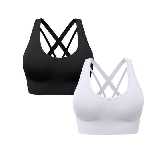 Hanerdun 2 Pack Women's Seamless Sports Bras Crossback Padded Yoga Running Workout Bra Black/White XL