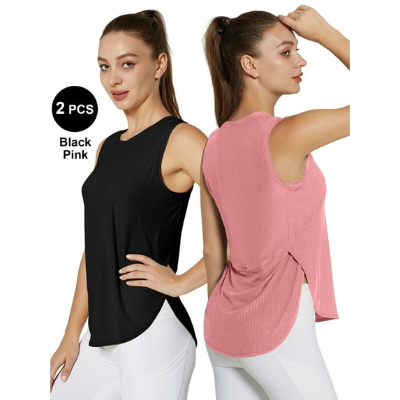 Hanerdun Tank Tops for Women Yoga Workout Shirts Side Slit Athletic Running Tees Activewear 2PCS Black/Pink M