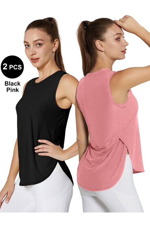 Tank Tops for Women Yoga Workout Shirts Side Slit Athletic Running Tees Activewear 2PCS Black/Pink M