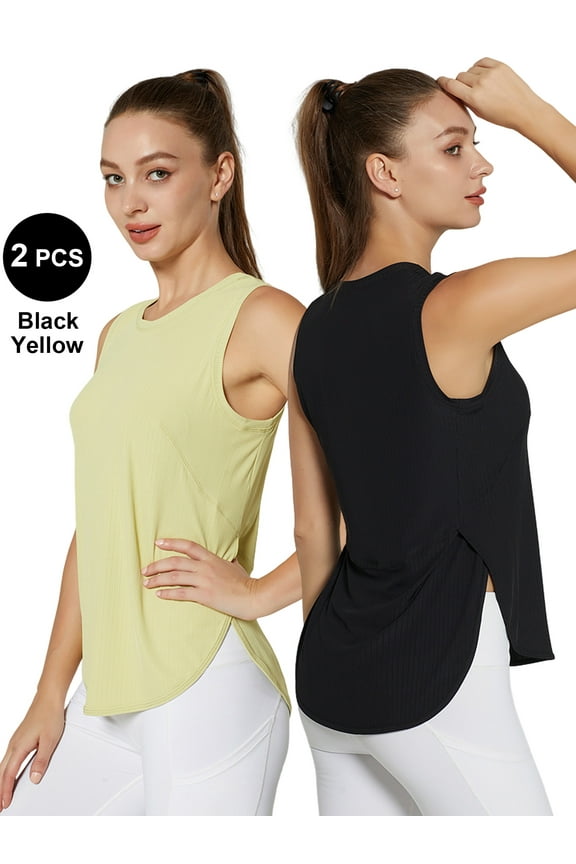 Tank Tops for Women Yoga Workout Shirts Side Slit Athletic Running Tees Activewear 2PCS Black/Yellow L