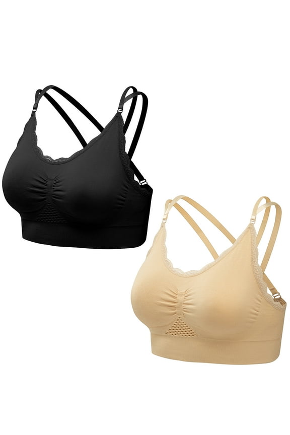 2PCS Womens Wirefree Everyday Bras Crossback Padded Full Coverage Soft Bra Black/Beige XL