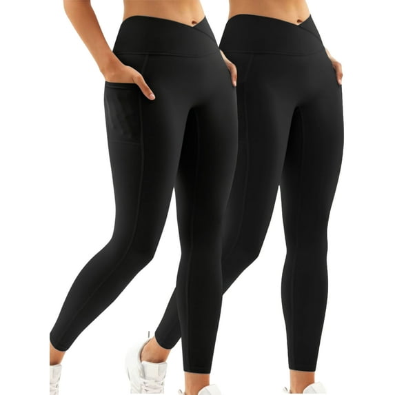 Hanerdun 2PCS Womens High Waist Yoga Leggings with 2 Pockets Workout Running Pants Activewear Black L