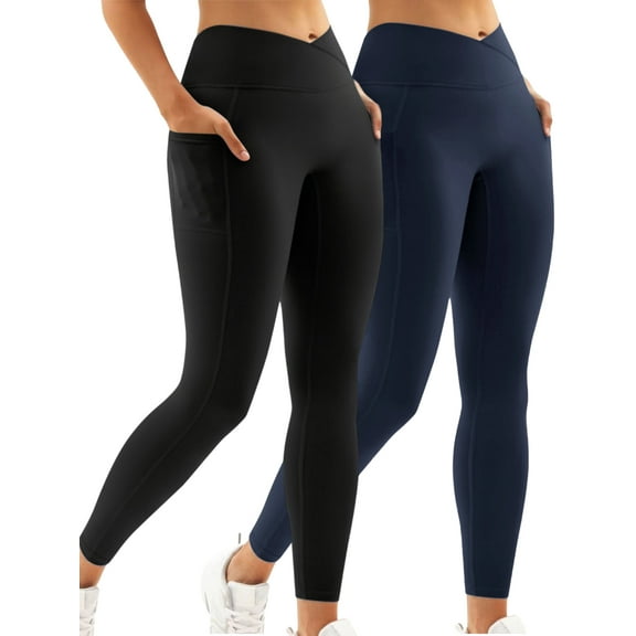 Hanerdun 2PCS Womens High Waist Yoga Leggings with 2 Pockets Workout Running Pants Activewear Black/Navy Blue 2XL