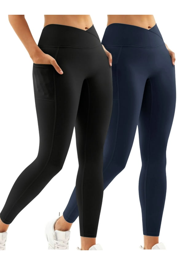2PCS Womens Yoga Leggings with Pockets High Waist Pants for Workout Running Activewear Black/Navy Blue 2XL