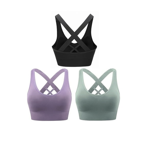 Hanerdun 3 Pack Womens Sports Bras Cross Back Padded Seamless Workout Running Yoga Activewear Black/Purple/Green L