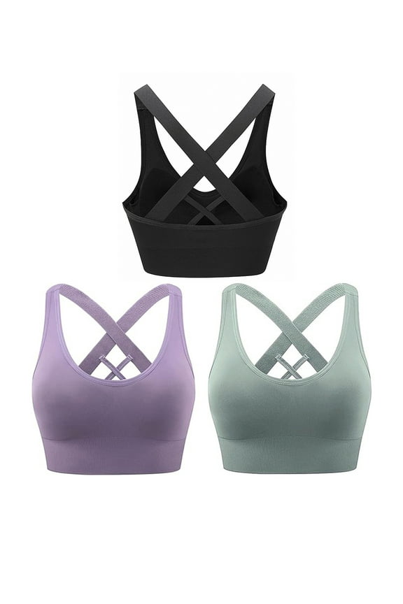 3 Pack Womens Sports Bras Cross Back Padded Seamless Workout Running Yoga Activewear Black/Purple/Green XL
