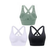 3 Pack Womens Sports Bras Cross Back Padded Seamless Workout Running Yoga Activewear Black/White/Green 2XL