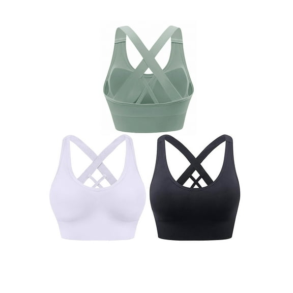Hanerdun 3 Pack Womens Sports Bras Cross Back Padded Seamless Workout Running Yoga Activewear Black/White/Green 2XL