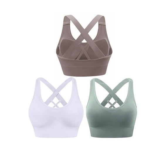 Hanerdun 3 Pack Womens Sports Bras Cross Back Padded Seamless Workout Running Yoga Activewear White/Green/Brown L