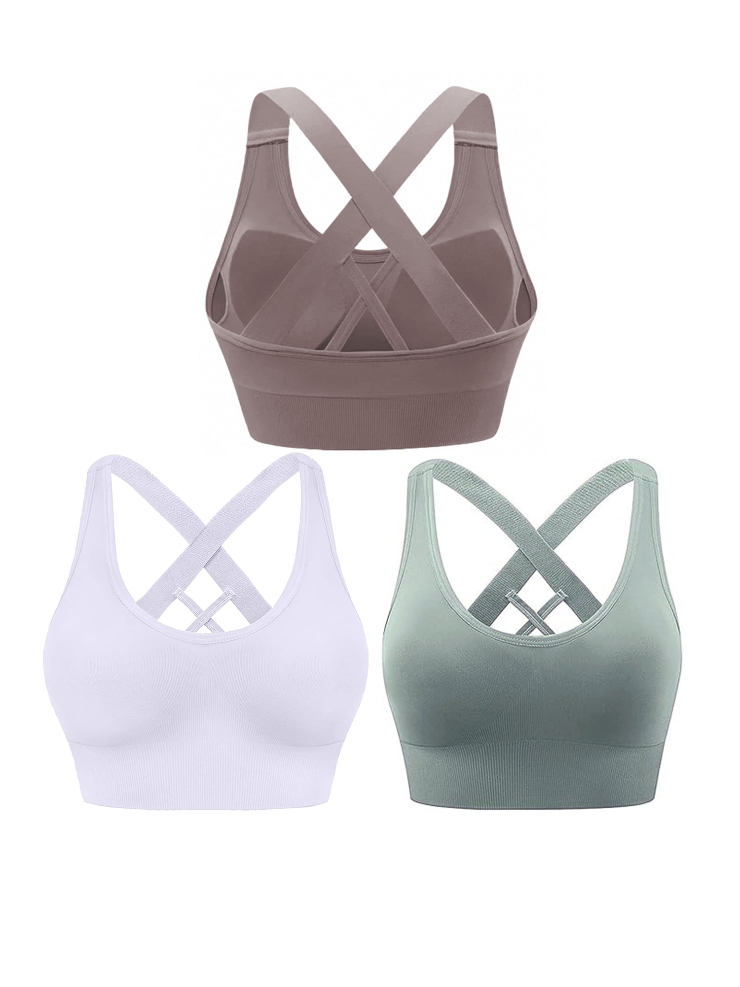 Hanerdun 3 Pack Cross Back Sports Bras for Women Padded Seamless Yoga Athletic Bra White/Green