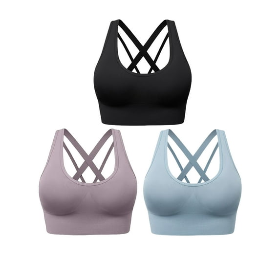 Hanerdun 3 Pack Women's Seamless Sports Bras Crossback Padded Yoga Running Workout Bra Black/Blue/Purple XL