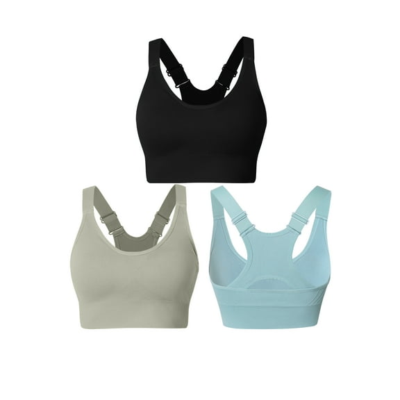 Hanerdun 3 Pack Sports Bras for Women Racer Back Adjustable Pad Seamless Athletic Bra Black/Green/Blue 2XL