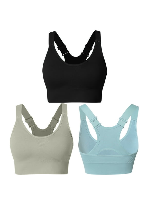 3 Pack Sports Bras for Women Racer Back Adjustable Pad Seamless Athletic Bra Black/Green/Blue XL
