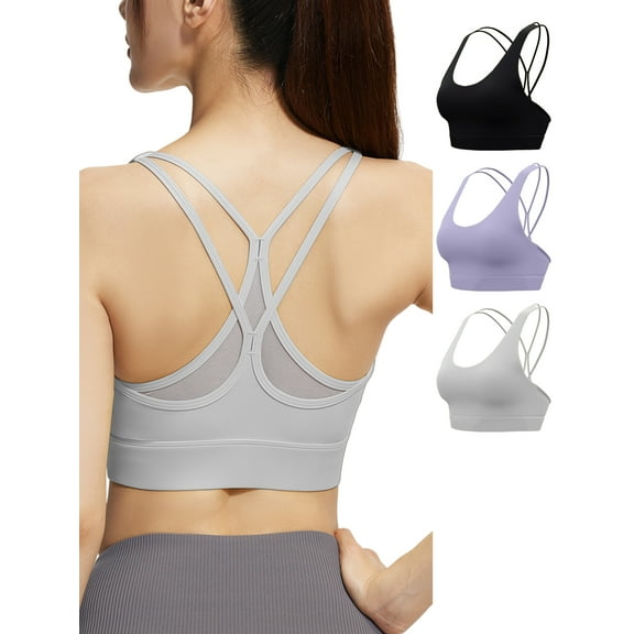 Hanerdun 3 Pack Womens Sports Bras Crossback Padded Supportive for Athletic Workout Yoga Running Black/Purple/Gray XL