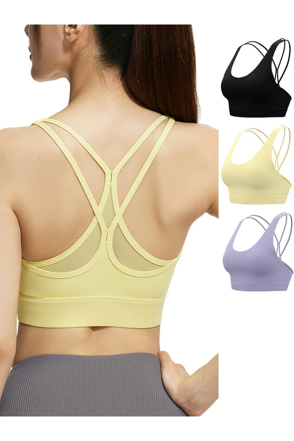 3 Pack Womens Sports Bras Crossback Padded Supportive for Athletic Workout Yoga Running Black/Purple/Yellow L