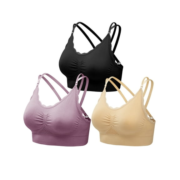 Hanerdun 3PCS Womens Wirefree Everyday Bras Soft Full Coverage Padded Crossback Bra Black/Beige/Purple L