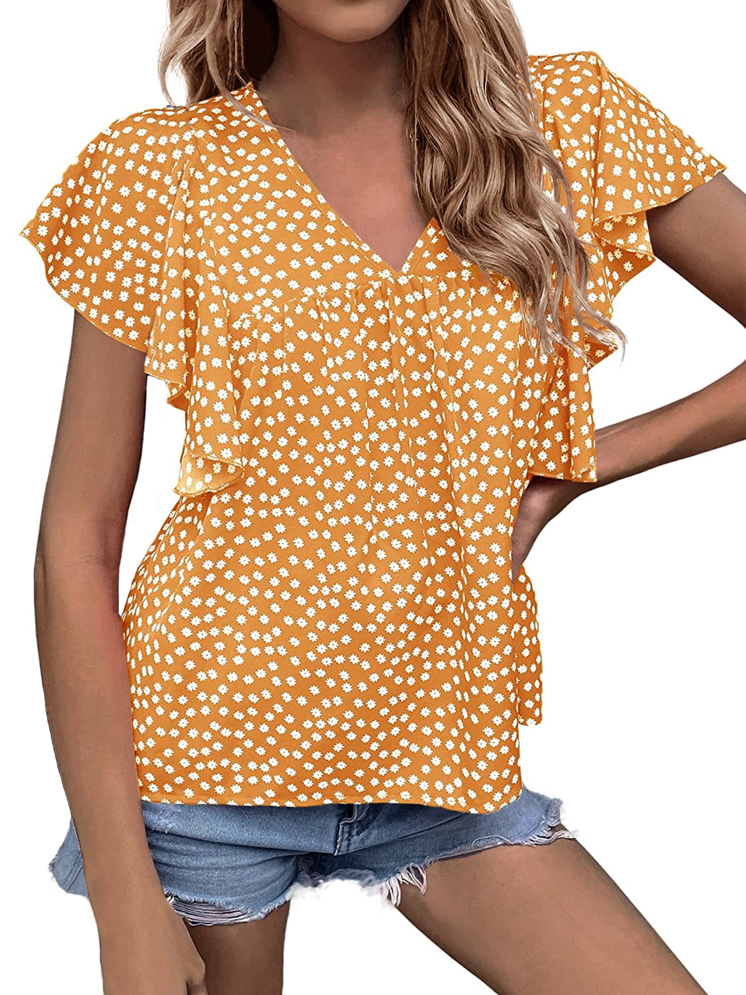 Hanerdun Womens Floral Blouses Shirt Ruffle Short Sleeve V-Neck Casual ...