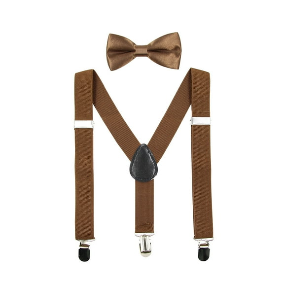 Hanerdun Kids Suspenders Bowtie Set Adjustable Suspender Bow Ties for Boys Girls Toddlers Coffee