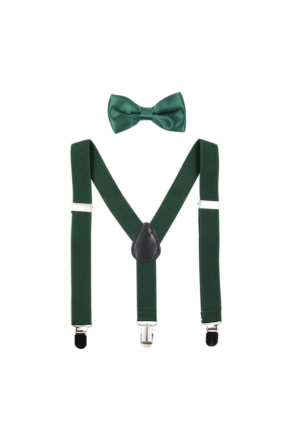 Kids Suspenders Bowtie Set Adjustable Suspender Bow Ties for Boys Girls Toddlers Dark Green