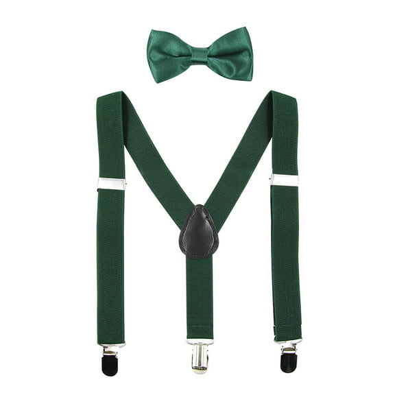 Hanerdun Kids Suspenders Bowtie Set Adjustable Suspender Bow Ties for Boys Girls Toddlers Dark Green