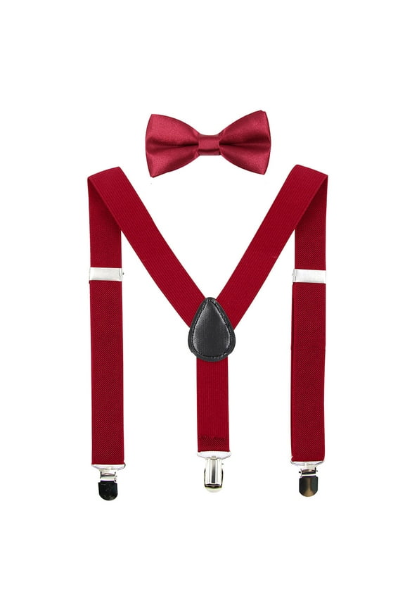 Kids Suspenders Bowtie Set Adjustable Suspender Bow Ties for Boys Girls Toddlers Dark Red