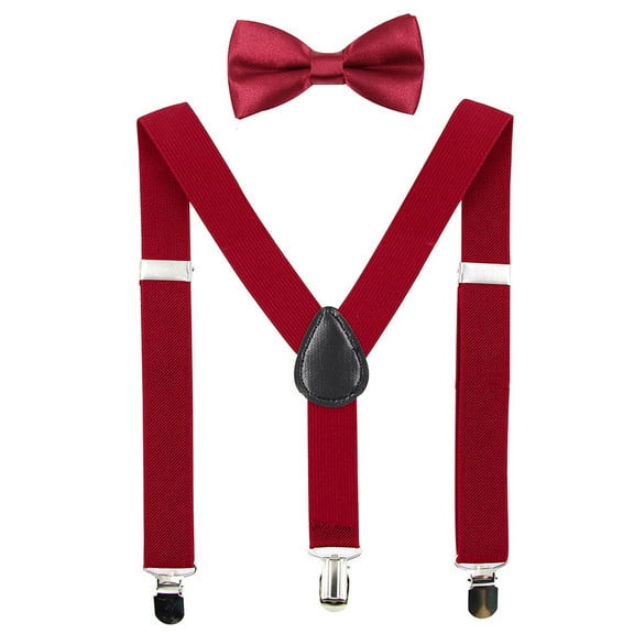 Hanerdun Kids Suspenders Bowtie Set Adjustable Suspender Bow Ties for Boys Girls Toddlers Dark Red
