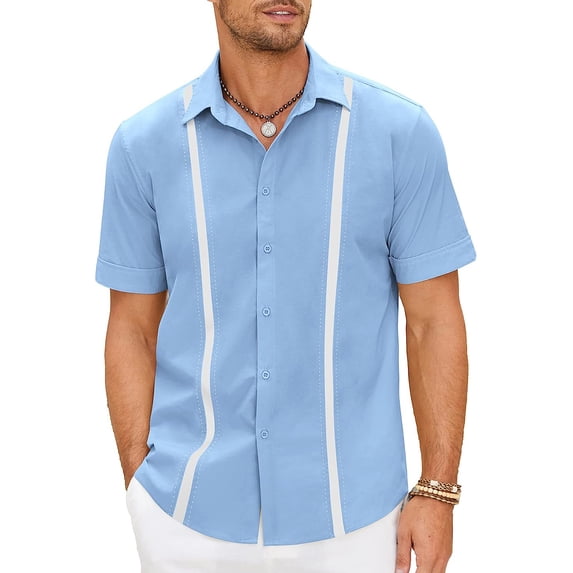 Hanerdun Men Button Up Shirts Blouse Male Short Sleeve Linen Tops Light Blue 2XL