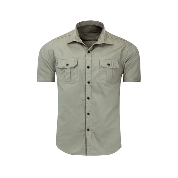 Hanerdun Men Cargo Shirts Male Casual Button Down Shirts Dress Shirt Army Green M