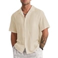 thumbnail image 1 of Hanerdun Men Casual Button Down Shirt Solid Blouse Male Short Sleeve Top Beige 2XL, 1 of 5