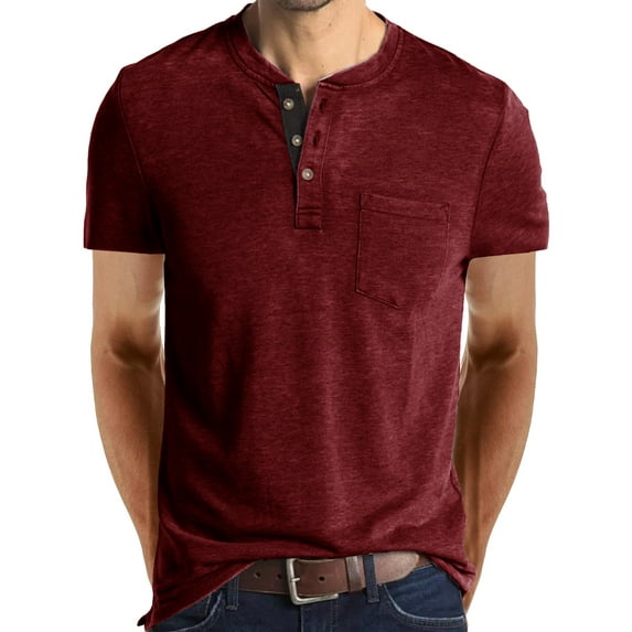 Hanerdun Men Casual T-Shirts Male Solid Color Short Sleeve T-Shirt Red XL
