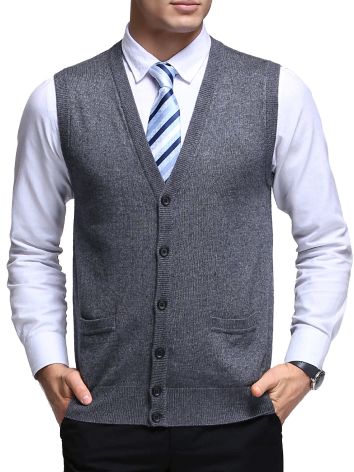 Hanerdun Men Knit Cardigan Vests Male Wool Blend VNeck Pocket