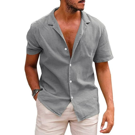 Hanerdun Men Short Sleeve Shirts Male Linen Tops Casual Button Up Blouse Gray L
