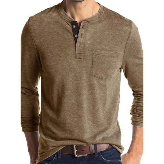 Hanerdun Men Solid Casual T-Shirts Male Long Sleeve Tee Tops Light Brown L