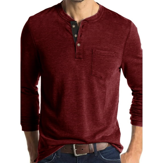Hanerdun Men Solid Casual T-Shirts Male Long Sleeve Tee Tops Red M