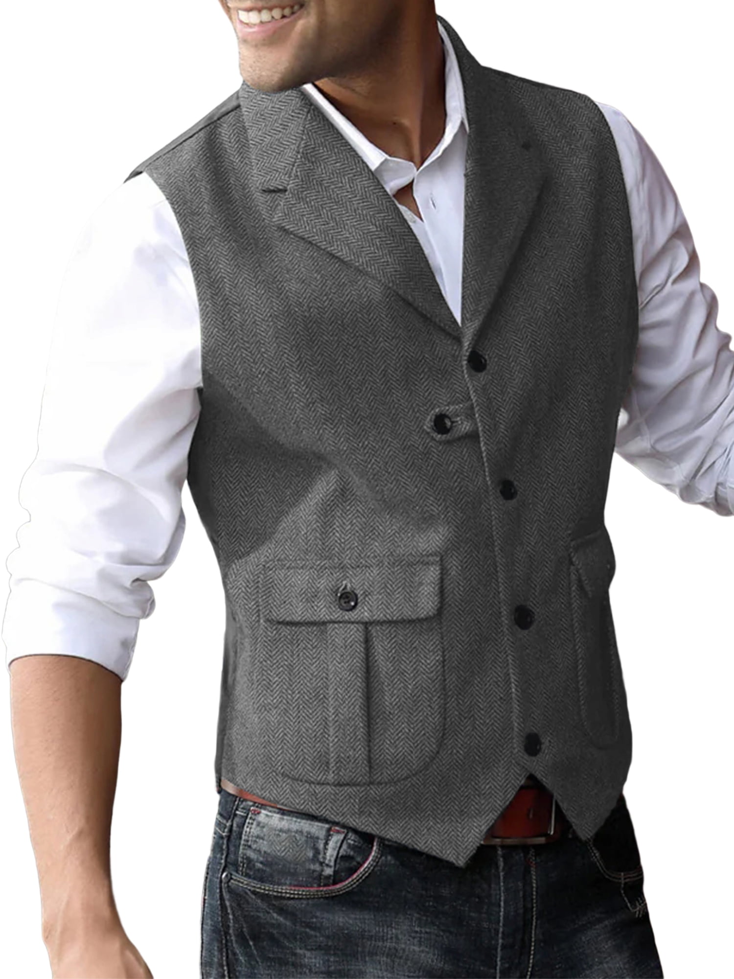 Hanerdun Men Suit Waistcoats Male Solid Color Business Vests Gray S