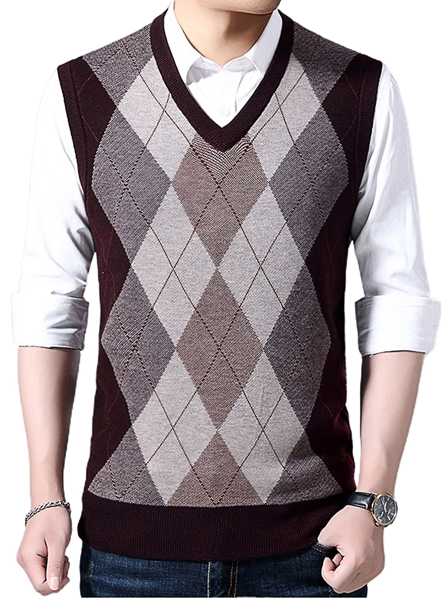 Hanerdun Men Sweater Vests Male Argyle Wool Blend Vest V Neck Sleevless