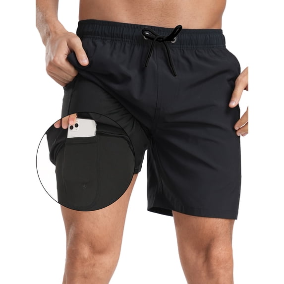 Hanerdun Mens 2 in 1 Athletic Running Shorts with Liner & 5 Pockets Dry Fit Workout Bottoms Black M