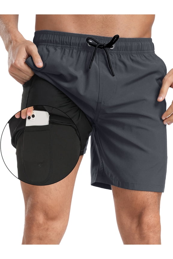 Mens 2 in 1 Athletic Running Shorts with Liner & 5 Pockets Dry Fit Workout Bottoms Gray XL