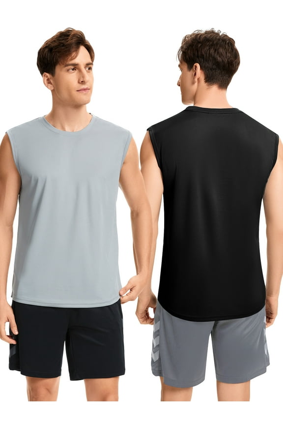 Mens Workout Tank Tops Dry-Fit Sleeveless Mesh Solid Color Shirts Athletic Running 2PCS