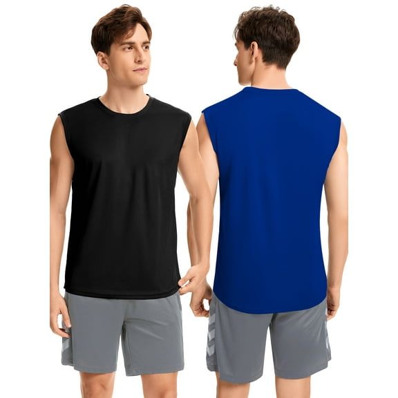 Hanerdun Mens Workout Tank Tops Dry-Fit Athletic Running Sleeveless Mesh Solid Color Shirts 2PCS