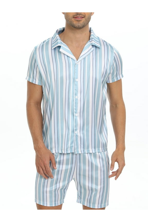 2PCS Mens Satin Pajamas Set Stripe Pocket Pjs Sleepwear Short Sleeve Button Up Loungewear M