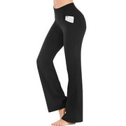 Hanerdun Women Bootcut Yoga Pants with Pockets Female High Waist Bootleg Trousers Workout Activewear Black M